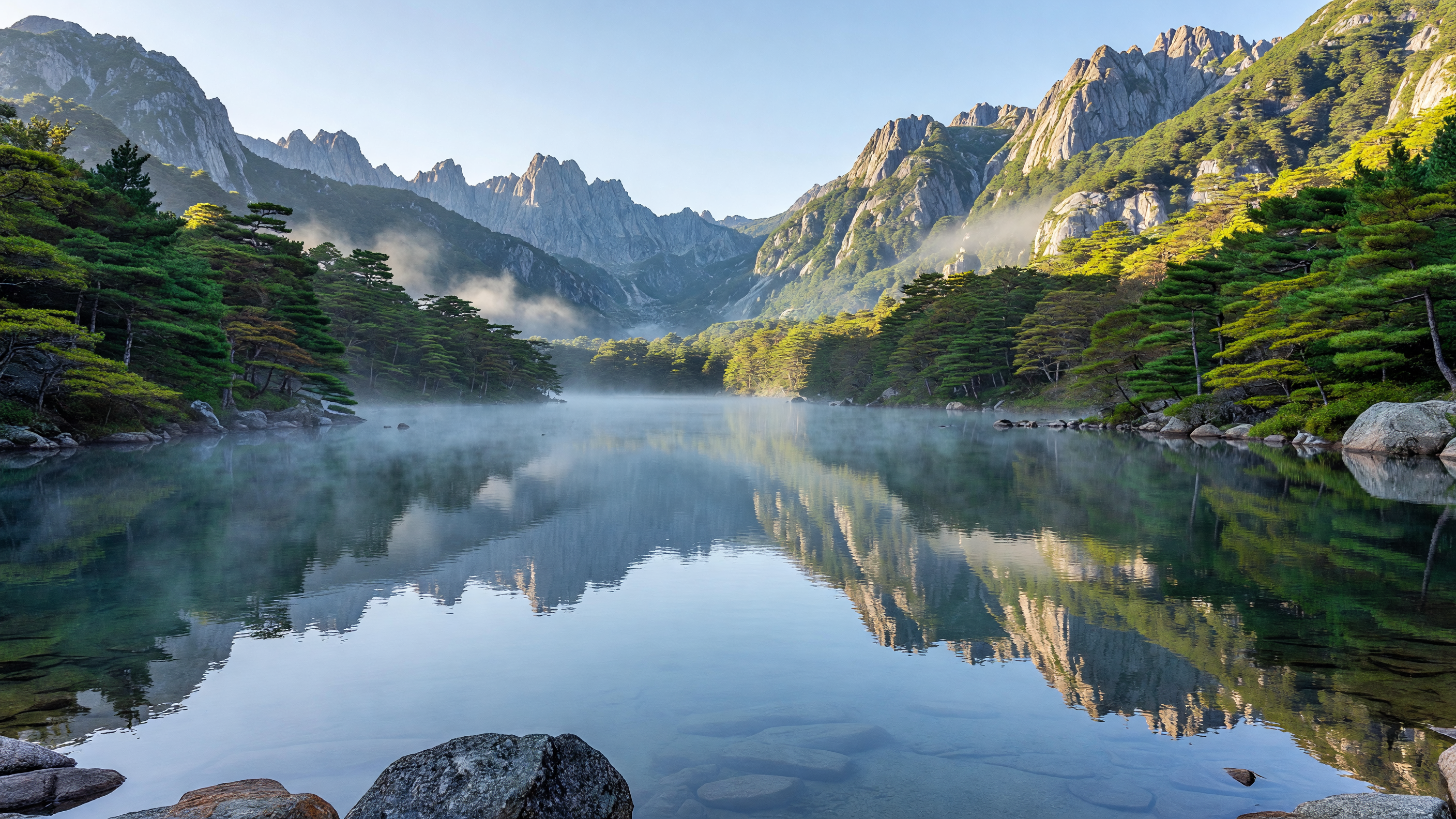 高山湖 — 松と山の反射