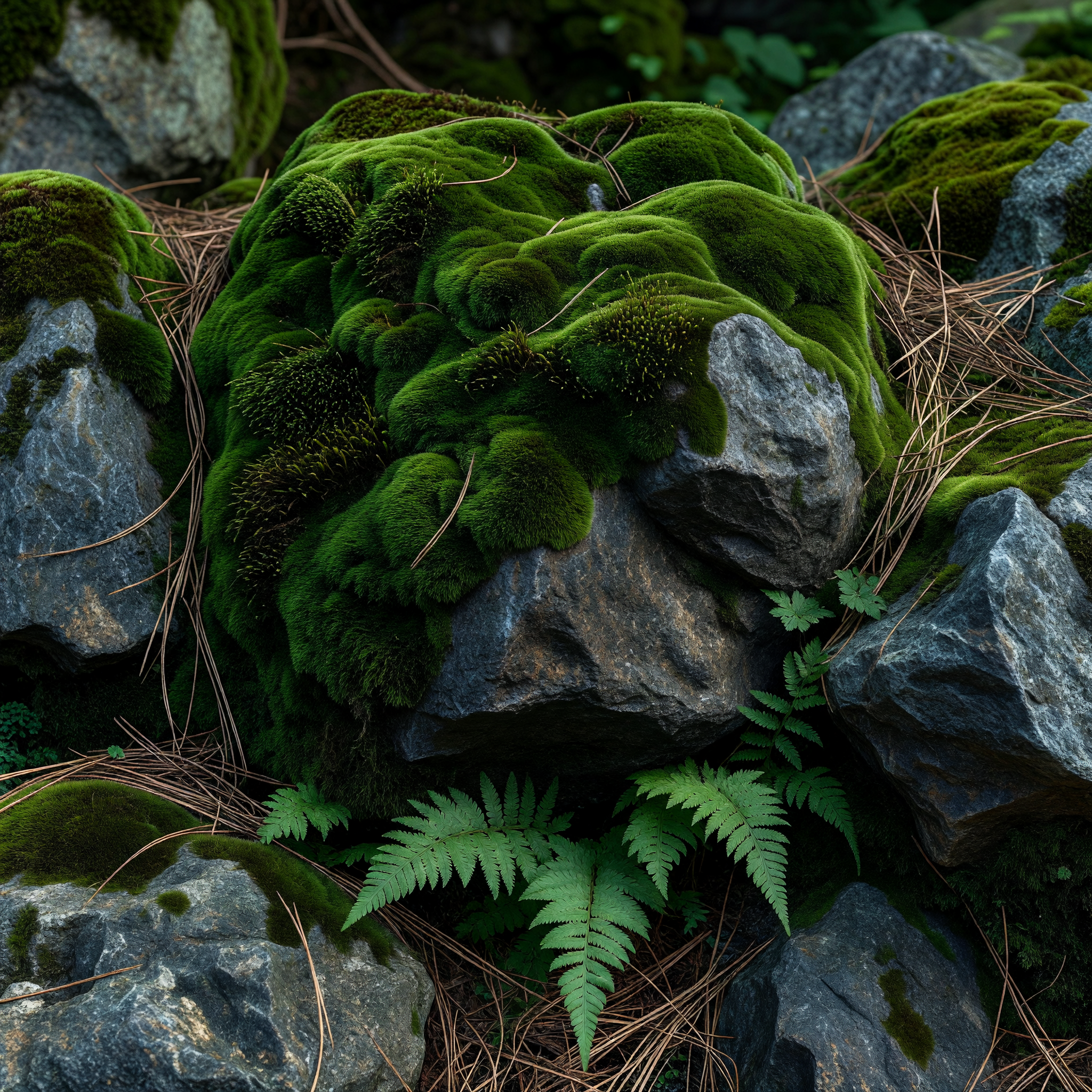 苔生した岩と松