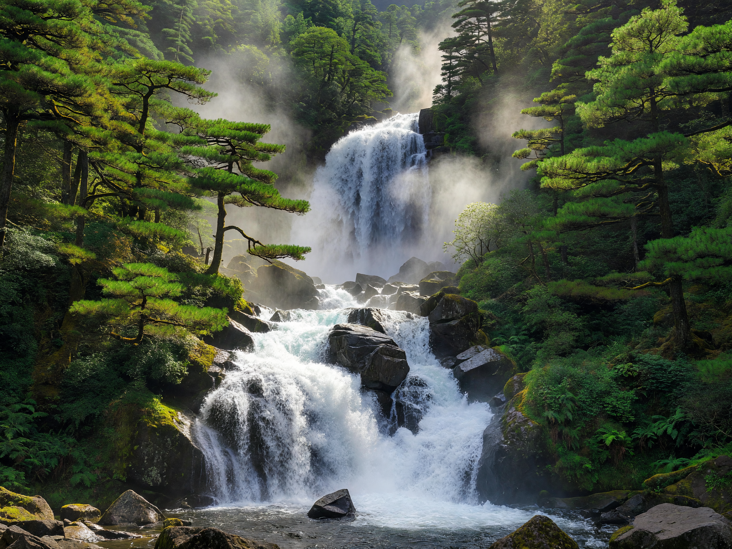 松林の中の山の滝
