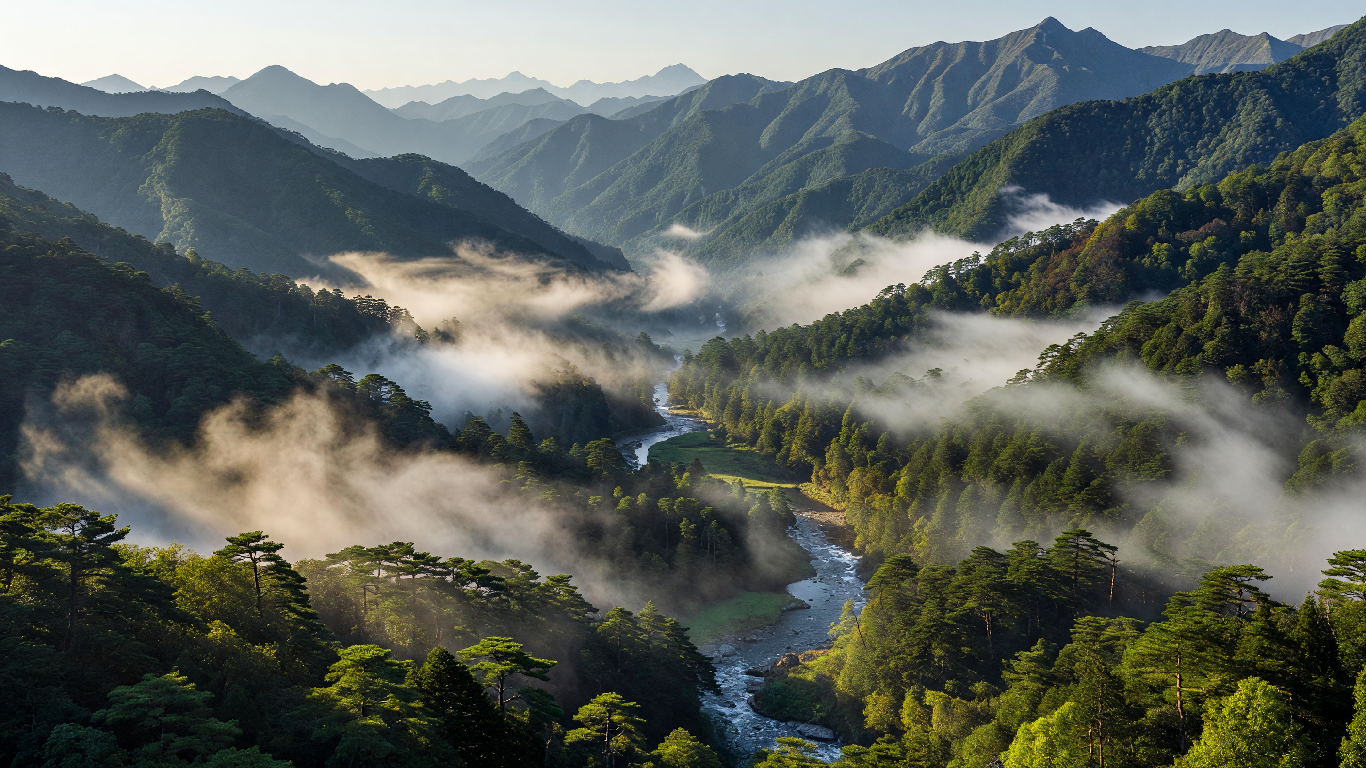 渓谷 川と松の山々