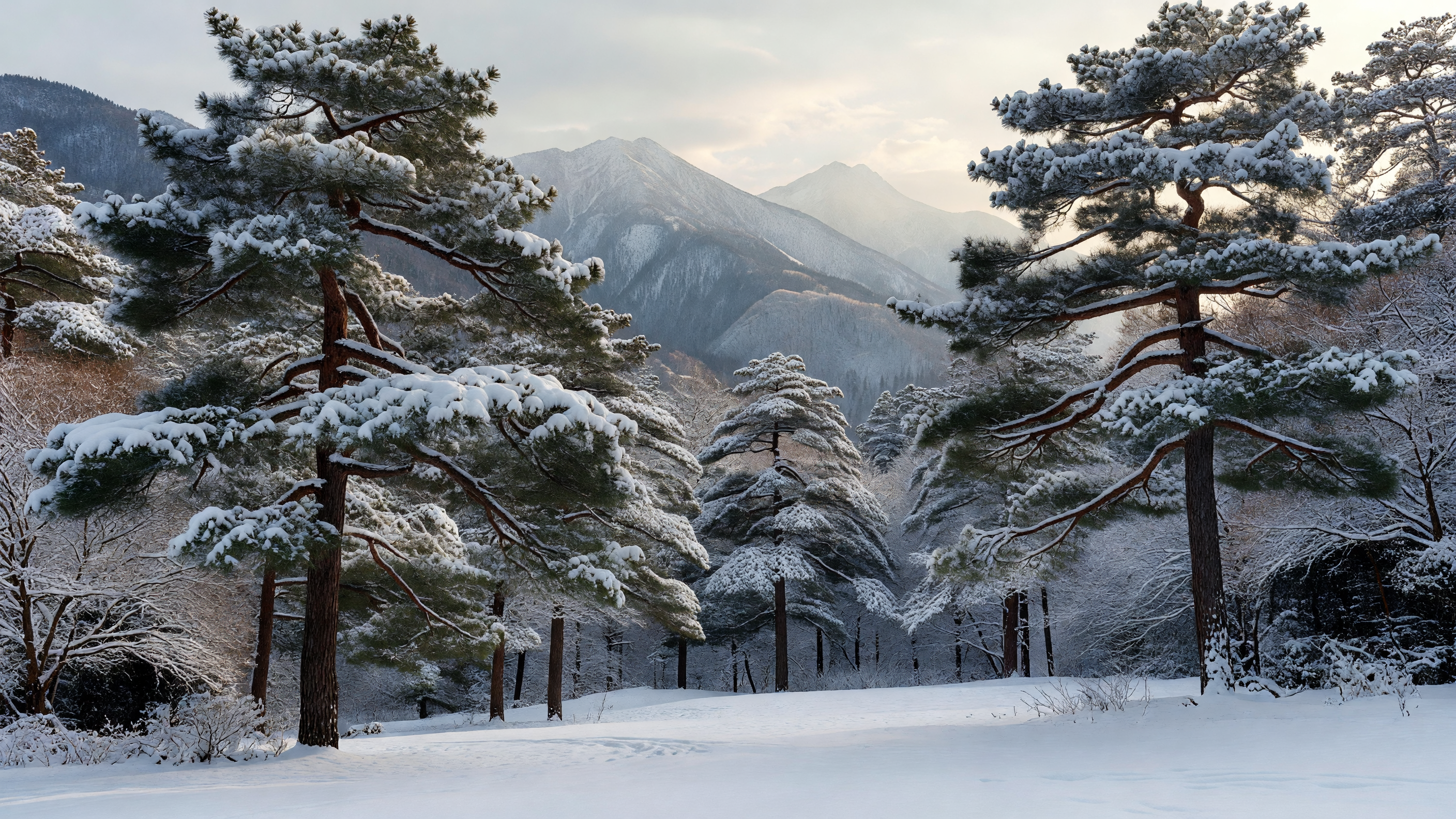冬の松林 — 薄雪