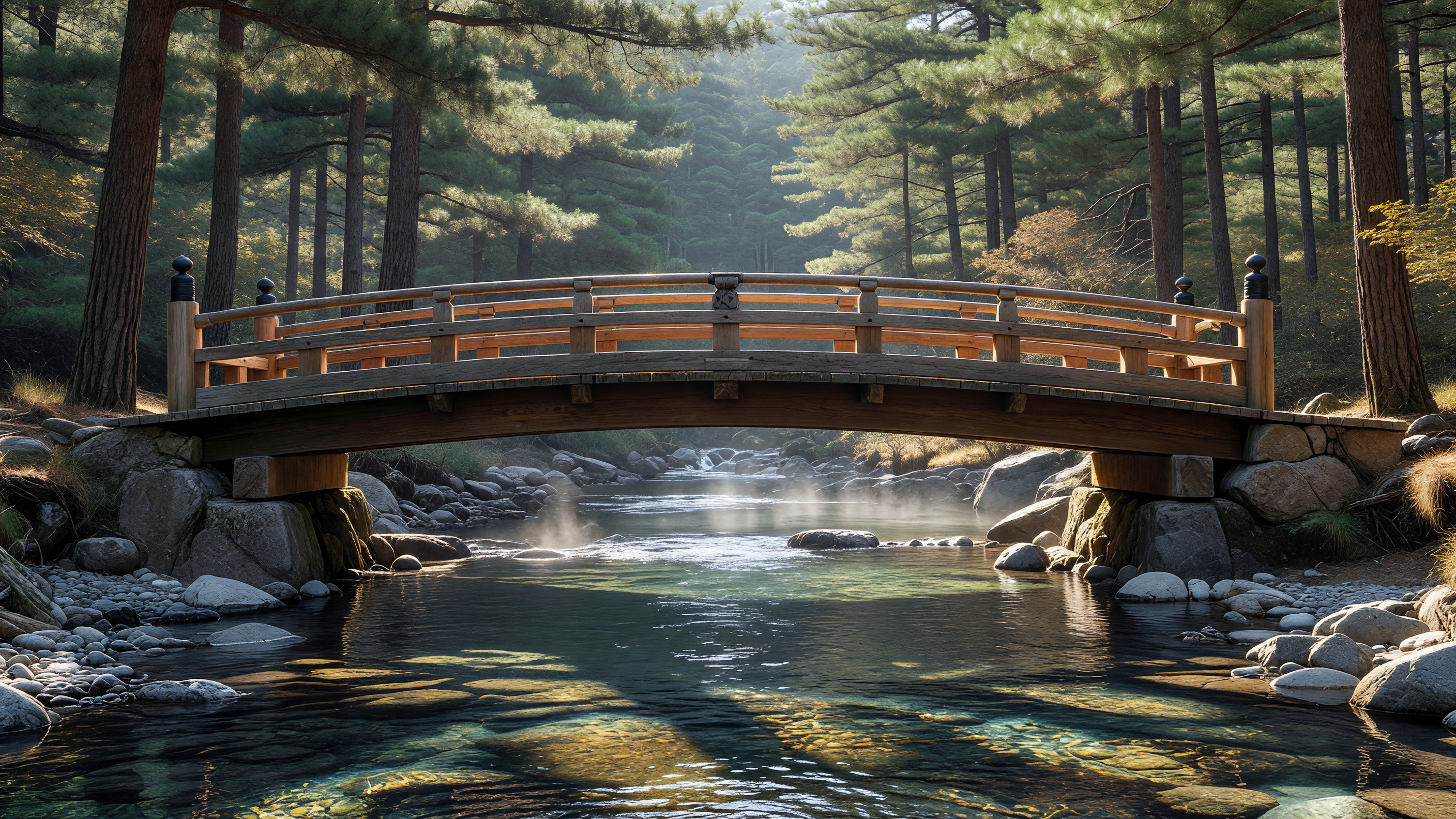 木橋 — 山の渓流と松